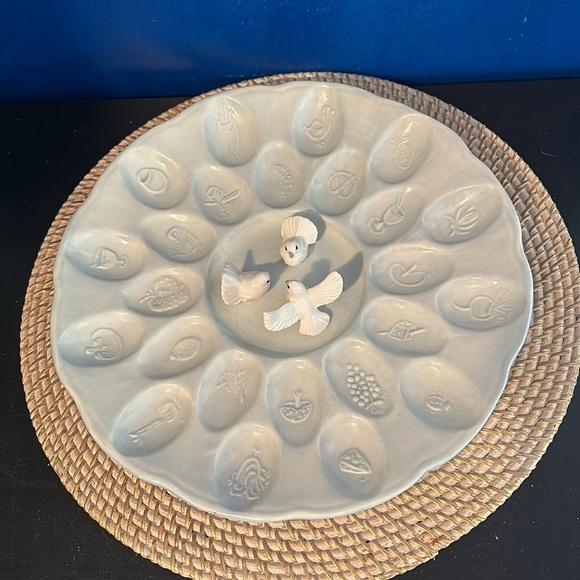 Vintage Blue Ceramic Deviled Easter Egg Holder with White Doves Platter Size 13” - Picture 1 of 9